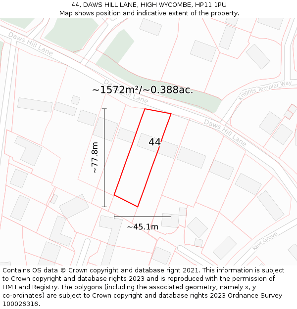 44, DAWS HILL LANE, HIGH WYCOMBE, HP11 1PU: Plot and title map