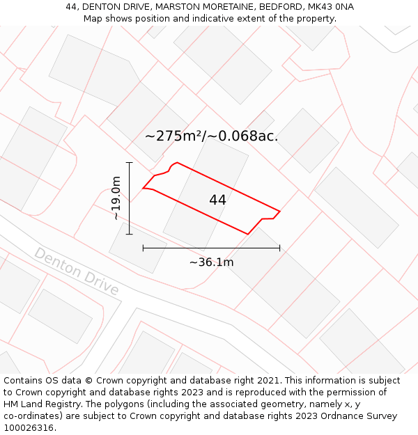 44, DENTON DRIVE, MARSTON MORETAINE, BEDFORD, MK43 0NA: Plot and title map