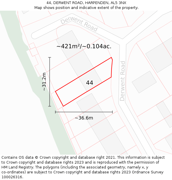 44, DERWENT ROAD, HARPENDEN, AL5 3NX: Plot and title map