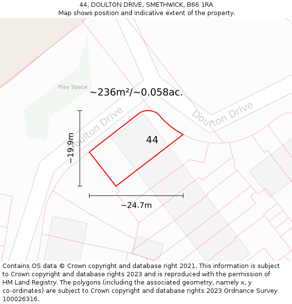 44, DOULTON DRIVE, SMETHWICK, B66 1RA: Plot and title map