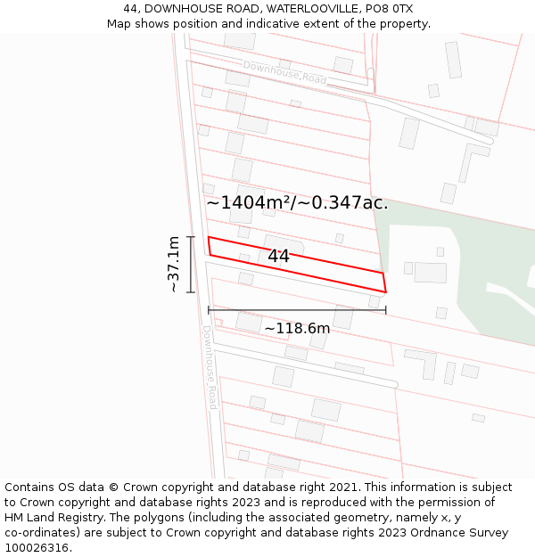 44, DOWNHOUSE ROAD, WATERLOOVILLE, PO8 0TX: Plot and title map