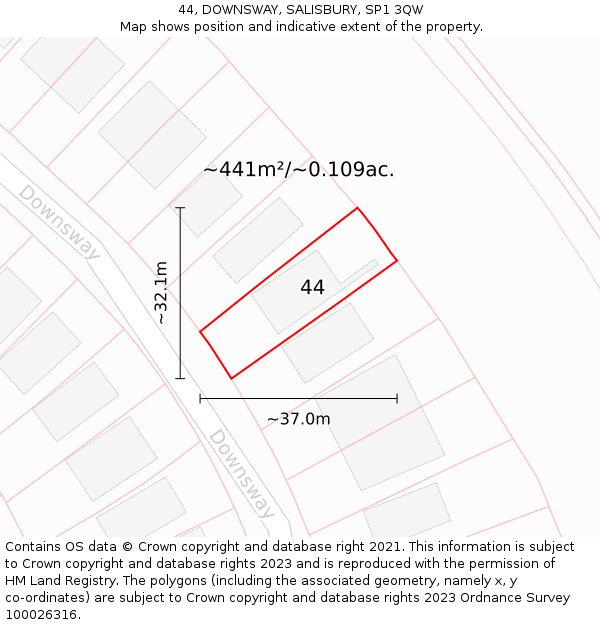 44, DOWNSWAY, SALISBURY, SP1 3QW: Plot and title map