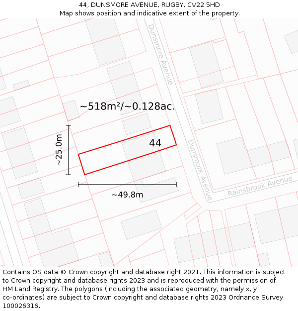 44, DUNSMORE AVENUE, RUGBY, CV22 5HD: Plot and title map