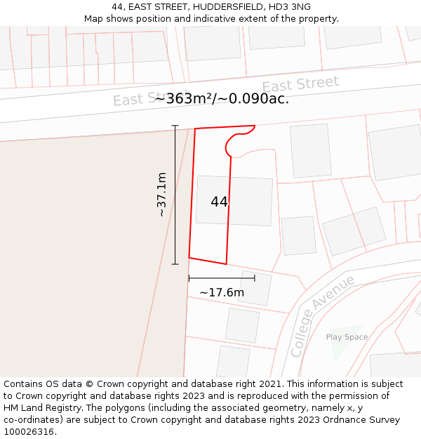 44, EAST STREET, HUDDERSFIELD, HD3 3NG: Plot and title map