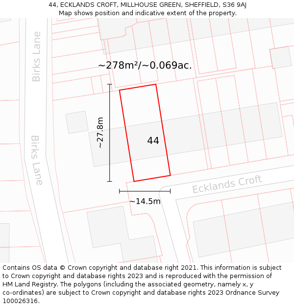 44, ECKLANDS CROFT, MILLHOUSE GREEN, SHEFFIELD, S36 9AJ: Plot and title map