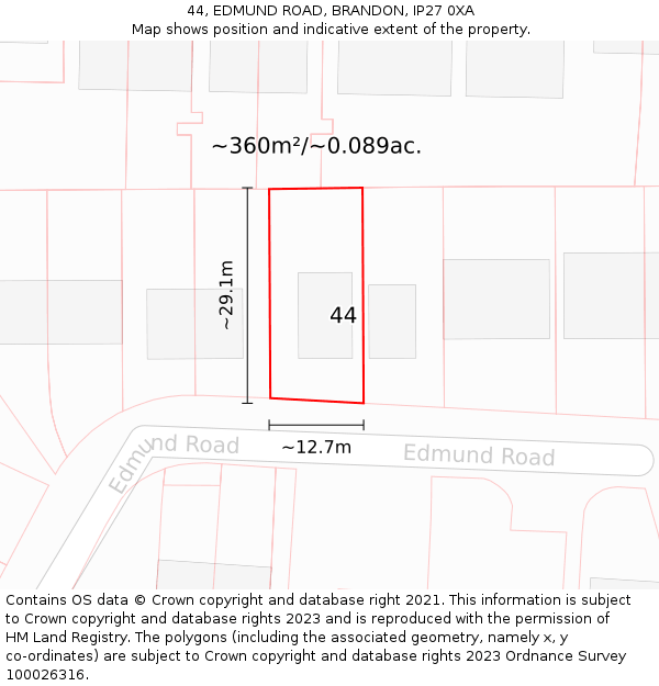 44, EDMUND ROAD, BRANDON, IP27 0XA: Plot and title map