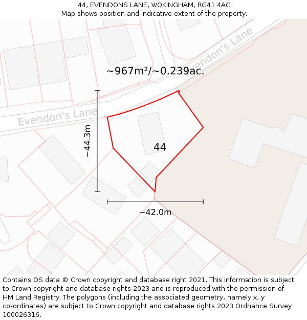 44, EVENDONS LANE, WOKINGHAM, RG41 4AG: Plot and title map