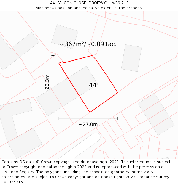 44, FALCON CLOSE, DROITWICH, WR9 7HF: Plot and title map