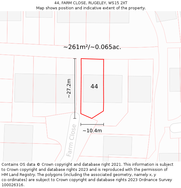 44, FARM CLOSE, RUGELEY, WS15 2XT: Plot and title map