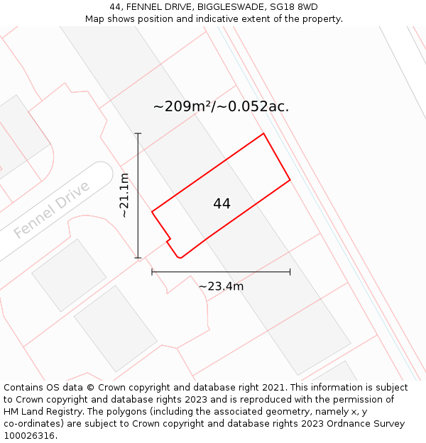 44, FENNEL DRIVE, BIGGLESWADE, SG18 8WD: Plot and title map