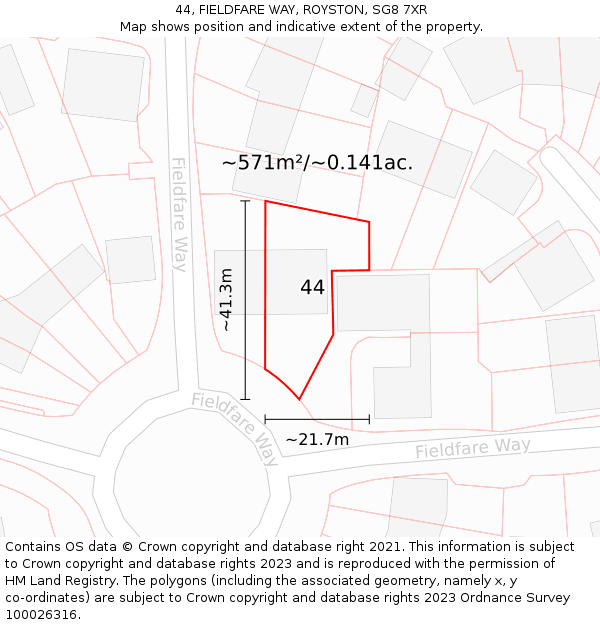 44, FIELDFARE WAY, ROYSTON, SG8 7XR: Plot and title map