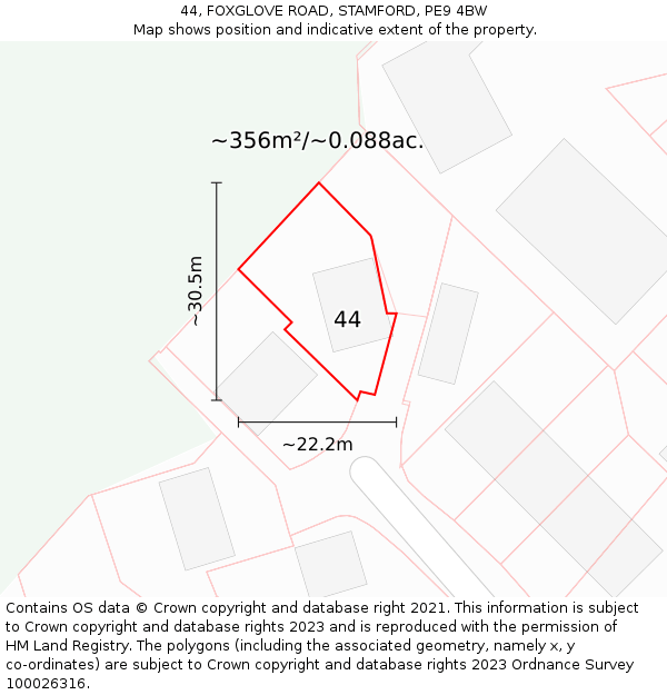 44, FOXGLOVE ROAD, STAMFORD, PE9 4BW: Plot and title map