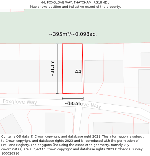 44, FOXGLOVE WAY, THATCHAM, RG18 4DL: Plot and title map