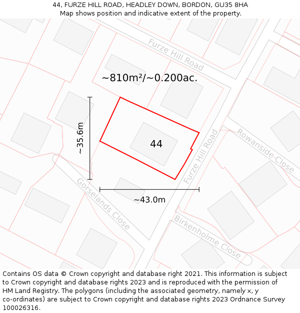 44, FURZE HILL ROAD, HEADLEY DOWN, BORDON, GU35 8HA: Plot and title map