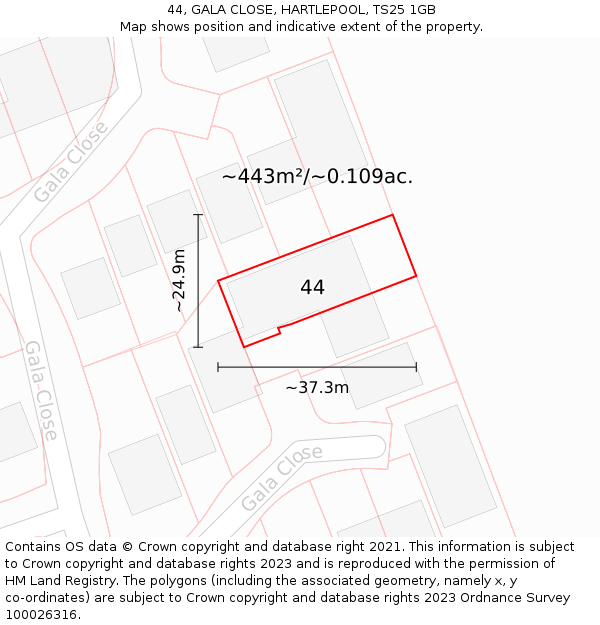 44, GALA CLOSE, HARTLEPOOL, TS25 1GB: Plot and title map