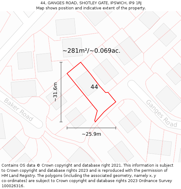 44, GANGES ROAD, SHOTLEY GATE, IPSWICH, IP9 1RJ: Plot and title map