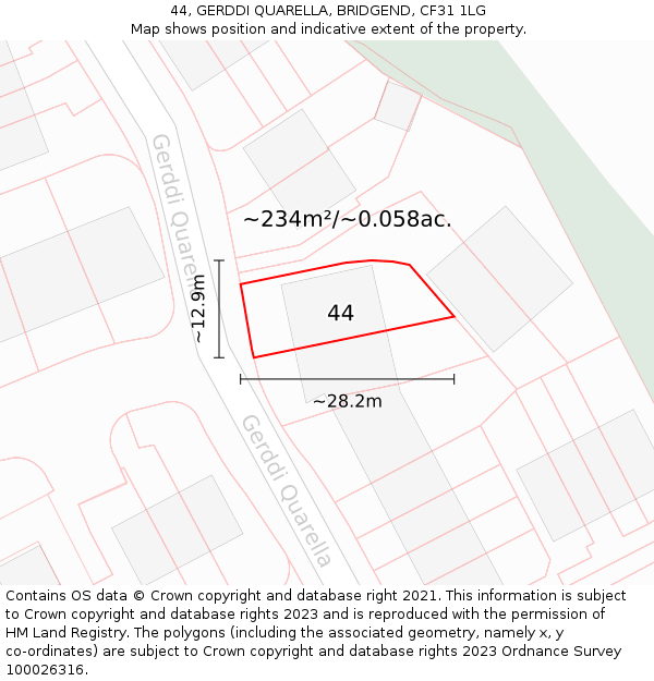 44, GERDDI QUARELLA, BRIDGEND, CF31 1LG: Plot and title map