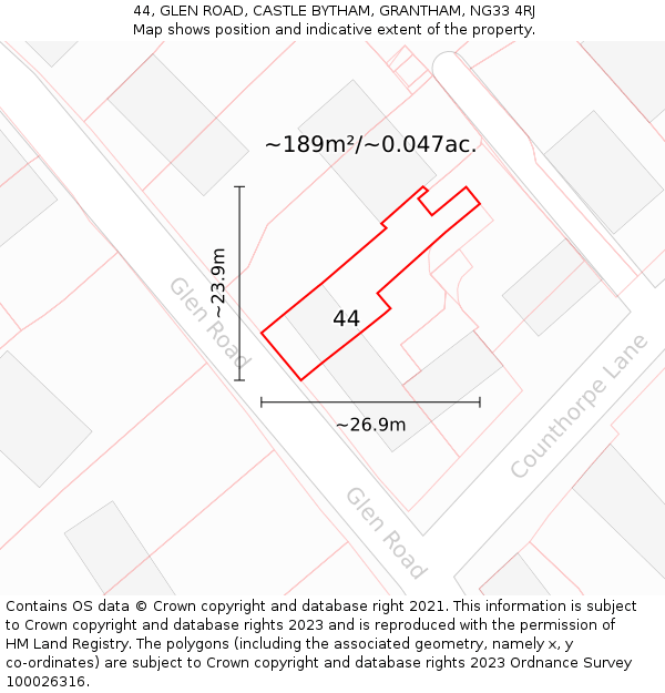 44, GLEN ROAD, CASTLE BYTHAM, GRANTHAM, NG33 4RJ: Plot and title map