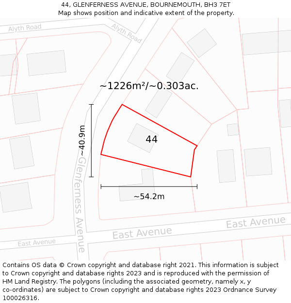 44, GLENFERNESS AVENUE, BOURNEMOUTH, BH3 7ET: Plot and title map
