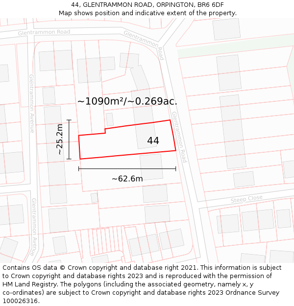 44, GLENTRAMMON ROAD, ORPINGTON, BR6 6DF: Plot and title map