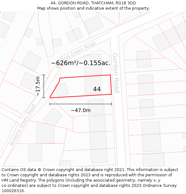 44, GORDON ROAD, THATCHAM, RG18 3DD: Plot and title map