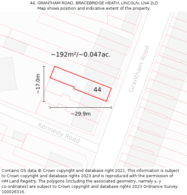 44, GRANTHAM ROAD, BRACEBRIDGE HEATH, LINCOLN, LN4 2LD: Plot and title map