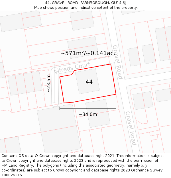 44, GRAVEL ROAD, FARNBOROUGH, GU14 6JJ: Plot and title map