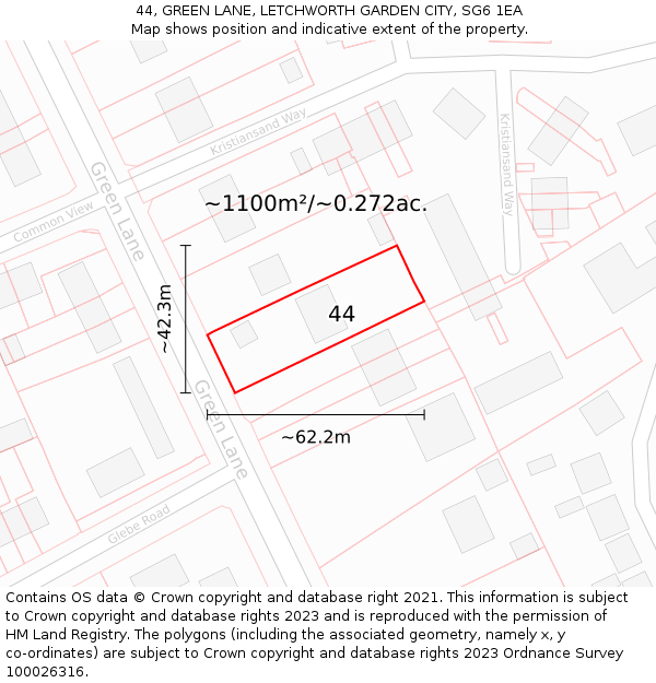 44, GREEN LANE, LETCHWORTH GARDEN CITY, SG6 1EA: Plot and title map