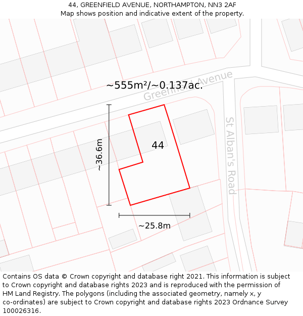 44, GREENFIELD AVENUE, NORTHAMPTON, NN3 2AF: Plot and title map