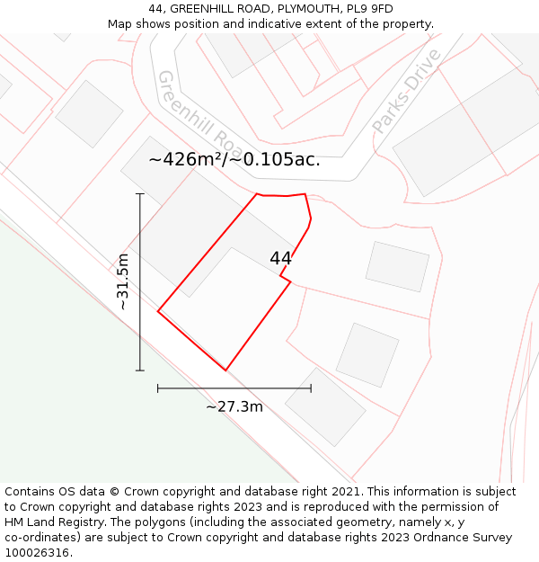 44, GREENHILL ROAD, PLYMOUTH, PL9 9FD: Plot and title map