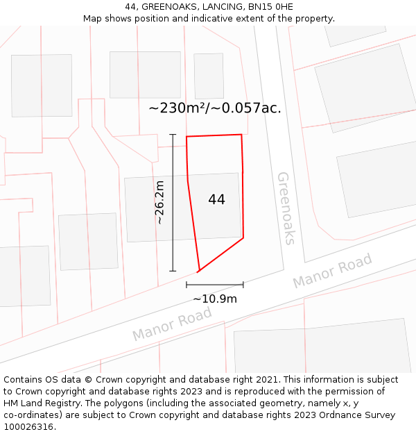 44, GREENOAKS, LANCING, BN15 0HE: Plot and title map