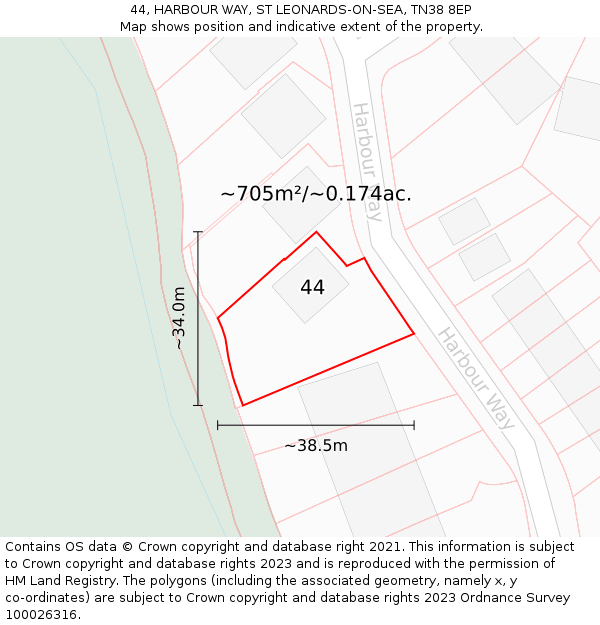 44, HARBOUR WAY, ST LEONARDS-ON-SEA, TN38 8EP: Plot and title map