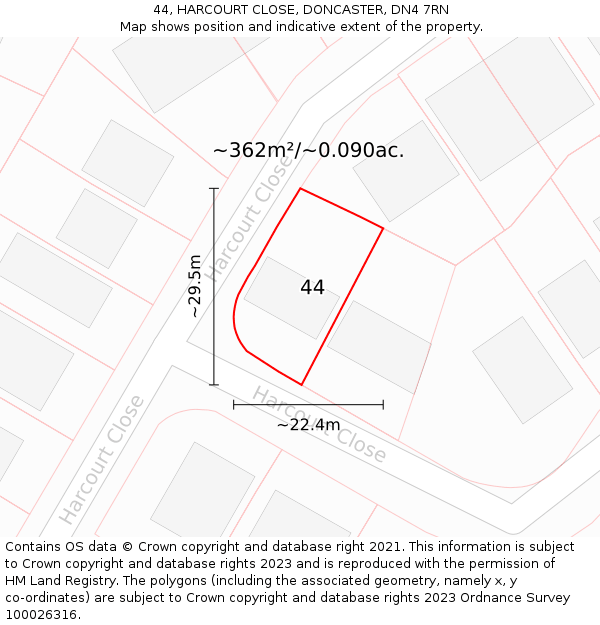 44, HARCOURT CLOSE, DONCASTER, DN4 7RN: Plot and title map