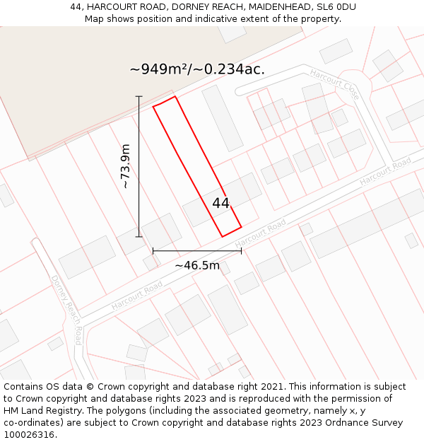 44, HARCOURT ROAD, DORNEY REACH, MAIDENHEAD, SL6 0DU: Plot and title map