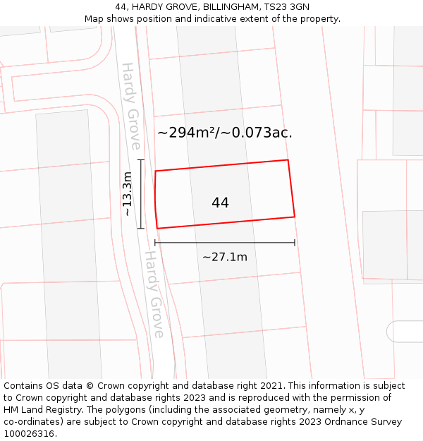 44, HARDY GROVE, BILLINGHAM, TS23 3GN: Plot and title map