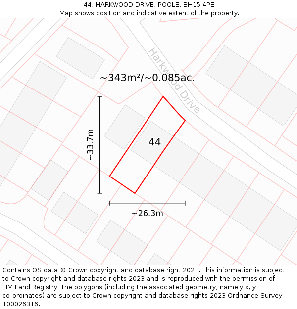 44, HARKWOOD DRIVE, POOLE, BH15 4PE: Plot and title map