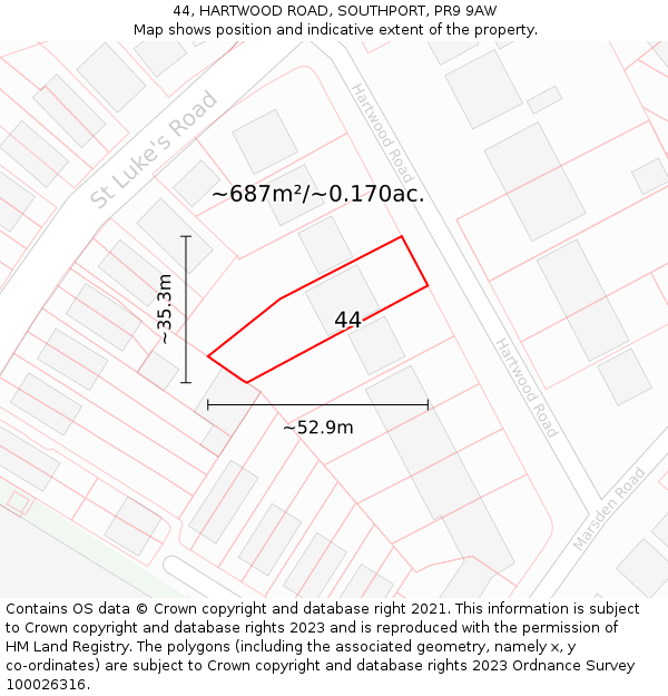 44, HARTWOOD ROAD, SOUTHPORT, PR9 9AW: Plot and title map