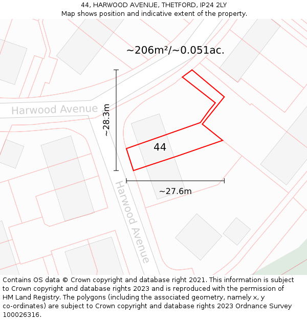 44, HARWOOD AVENUE, THETFORD, IP24 2LY: Plot and title map