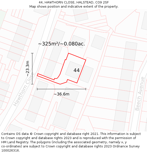 44, HAWTHORN CLOSE, HALSTEAD, CO9 2SF: Plot and title map