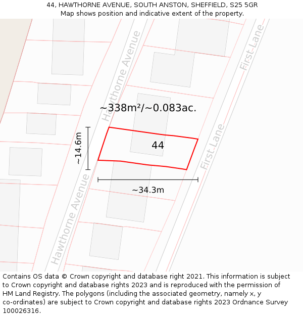 44, HAWTHORNE AVENUE, SOUTH ANSTON, SHEFFIELD, S25 5GR: Plot and title map