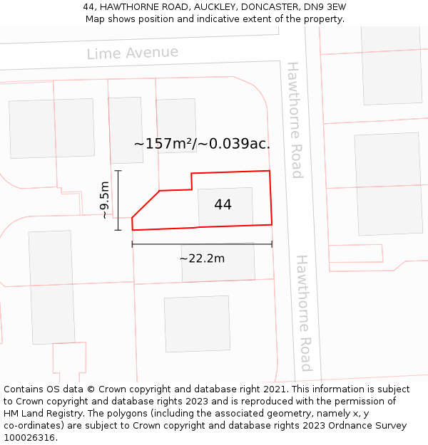 44, HAWTHORNE ROAD, AUCKLEY, DONCASTER, DN9 3EW: Plot and title map