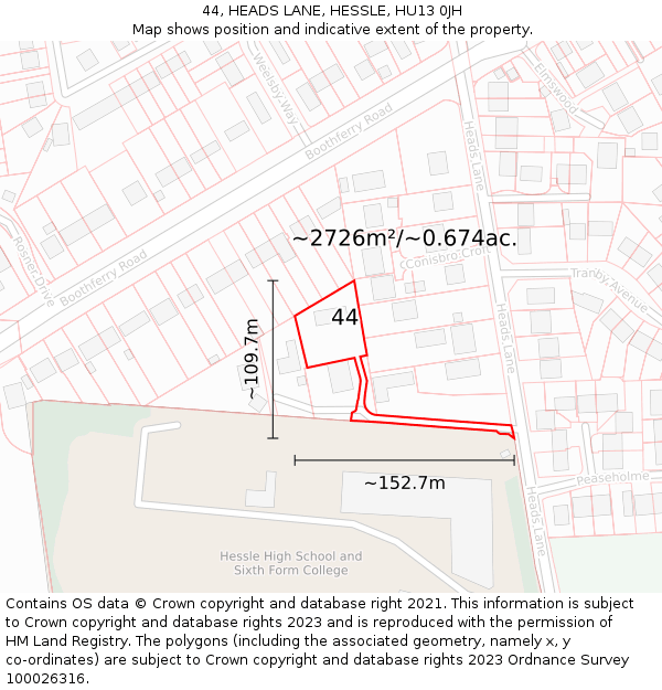 44, HEADS LANE, HESSLE, HU13 0JH: Plot and title map