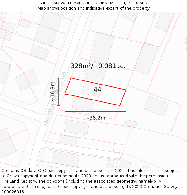 44, HEADSWELL AVENUE, BOURNEMOUTH, BH10 6LD: Plot and title map