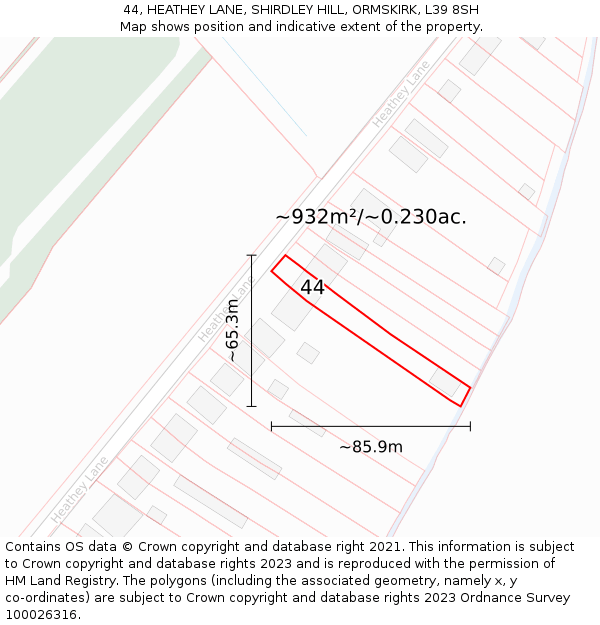 44, HEATHEY LANE, SHIRDLEY HILL, ORMSKIRK, L39 8SH: Plot and title map