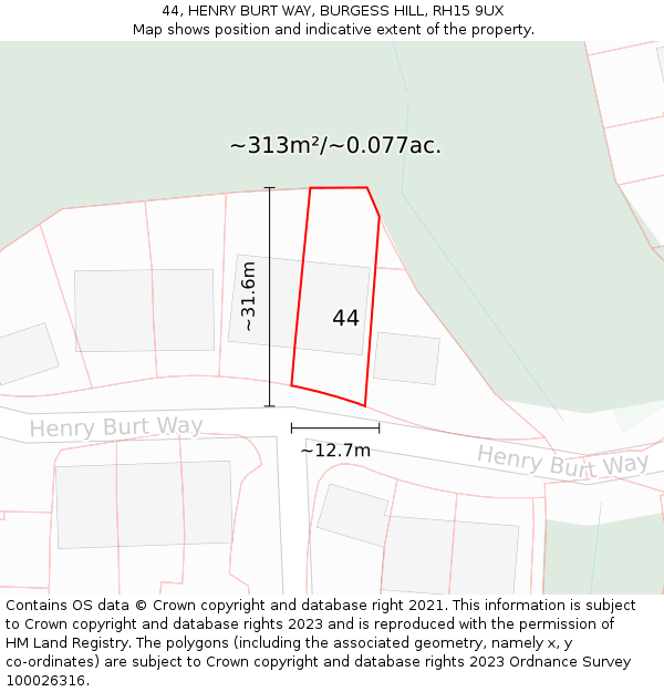 44, HENRY BURT WAY, BURGESS HILL, RH15 9UX: Plot and title map