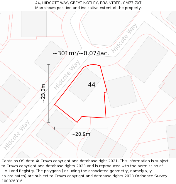 44, HIDCOTE WAY, GREAT NOTLEY, BRAINTREE, CM77 7XT: Plot and title map