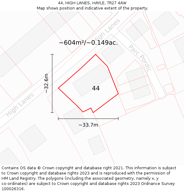 44, HIGH LANES, HAYLE, TR27 4AW: Plot and title map