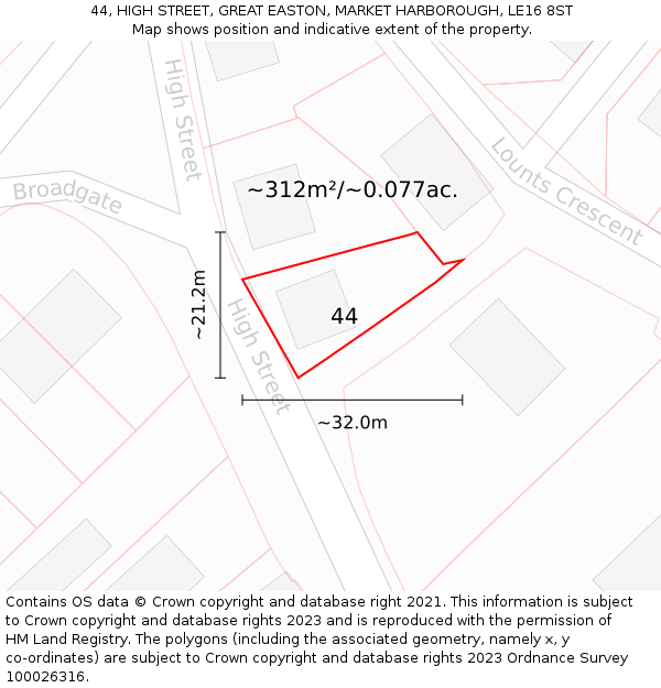 44, HIGH STREET, GREAT EASTON, MARKET HARBOROUGH, LE16 8ST: Plot and title map
