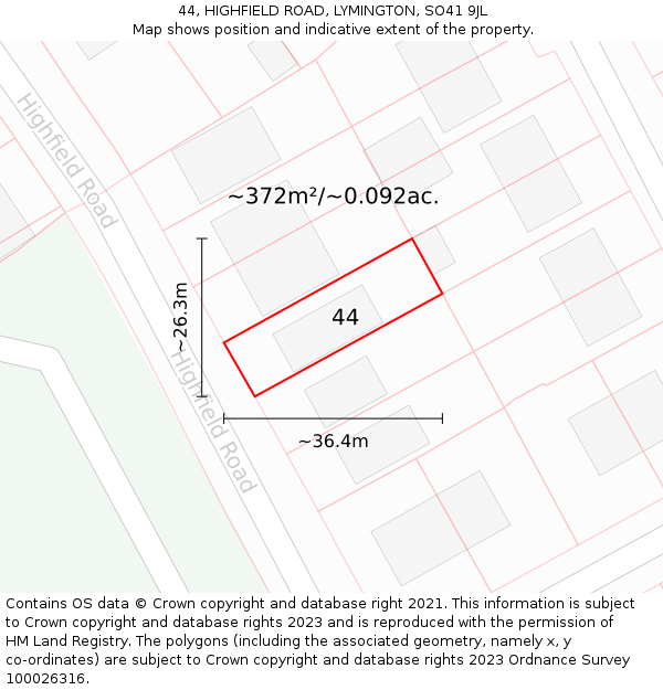 44, HIGHFIELD ROAD, LYMINGTON, SO41 9JL: Plot and title map