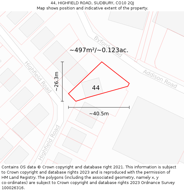 44, HIGHFIELD ROAD, SUDBURY, CO10 2QJ: Plot and title map